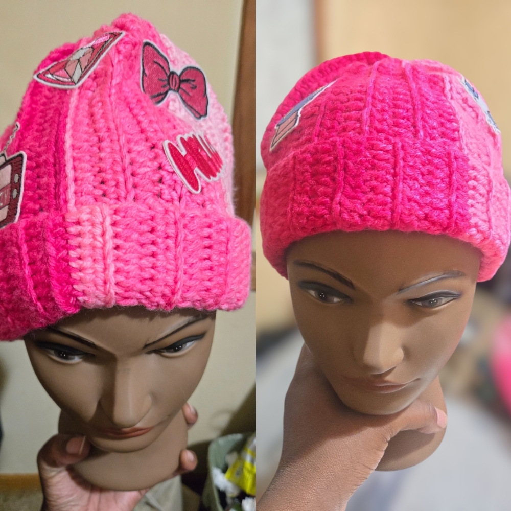 Two Multi-Pink Ribbed Beanie, Handmade Crochet, OneSize, Y2k